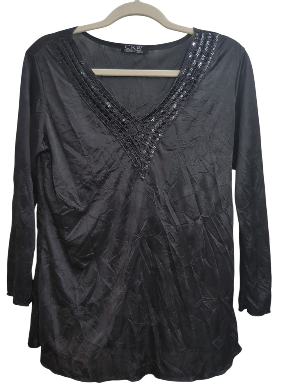 CKW Vintage Black V-Neck Sequin Neckline Long Sleeve Crinkle Blouse Whimsigoth